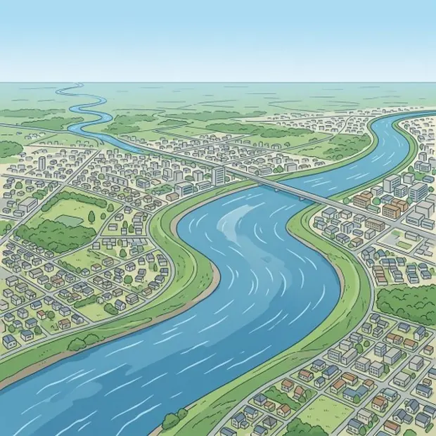 荒川と、その両岸に広がる市街地を上空から見たイラスト