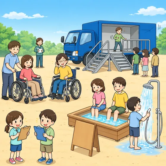 校庭の各種体験コーナー。起震車のトラック、車いすの介助体験、足湯につかる子どもたち、水を出すシャワーの実演