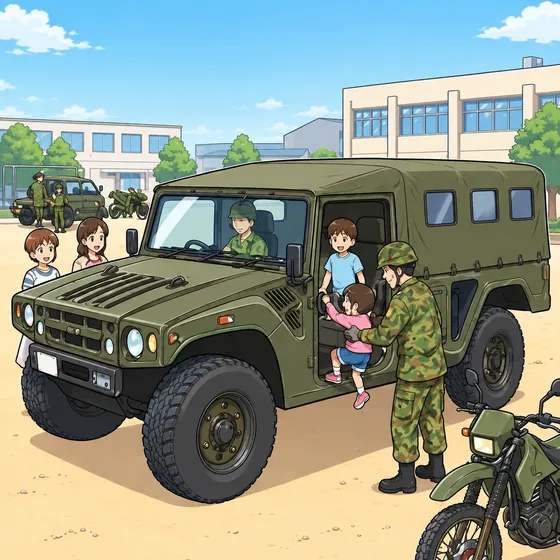 校庭に停まる自衛隊の高機動車。隊員に手を添えられて乗り込む子どもと、順番を待つ親子連れ。手前には偵察用オートバイ