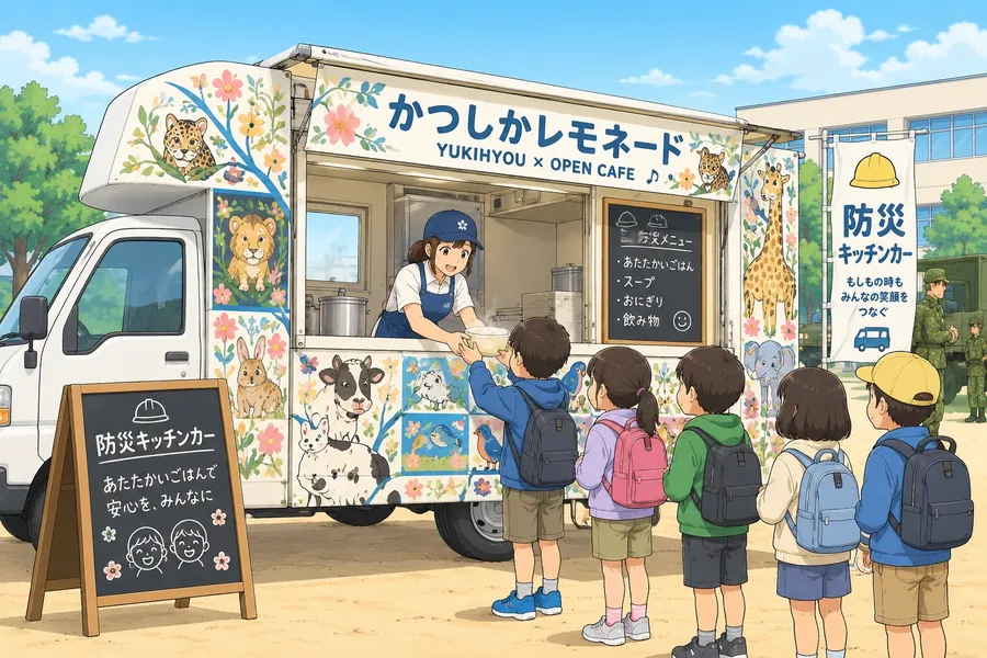 花や動物のイラストで彩られた防災キッチンカー。窓口でスタッフが子どもに料理を手渡し、リュックを背負った子どもたちが列に並んでいる。「防災メニュー」と書かれた黒板が掲げられている