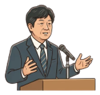 演台に立ち、マイクの前で話す加藤孝明先生のイラスト