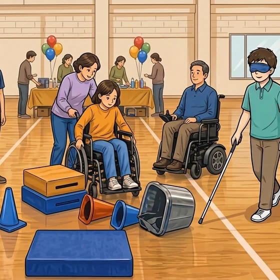 体育館の体験ブース。車いすを介助しながらコースを進む親子と、電動車いすの参加者、アイマスクと白杖で誘導を受ける参加者
