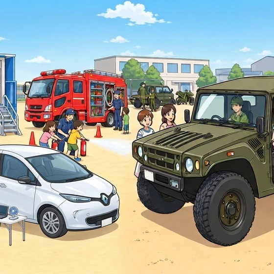 校庭に並ぶ災害対策車両。自衛隊の高機動車に子どもが乗り込み、消防車の前では子どもが消火器を体験し、手前ではEV車から電気を取り出すデモが行われている