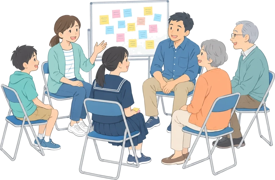 付箋を貼ったホワイトボードを囲み、子どもから高齢者までが輪になって話し合うイラスト